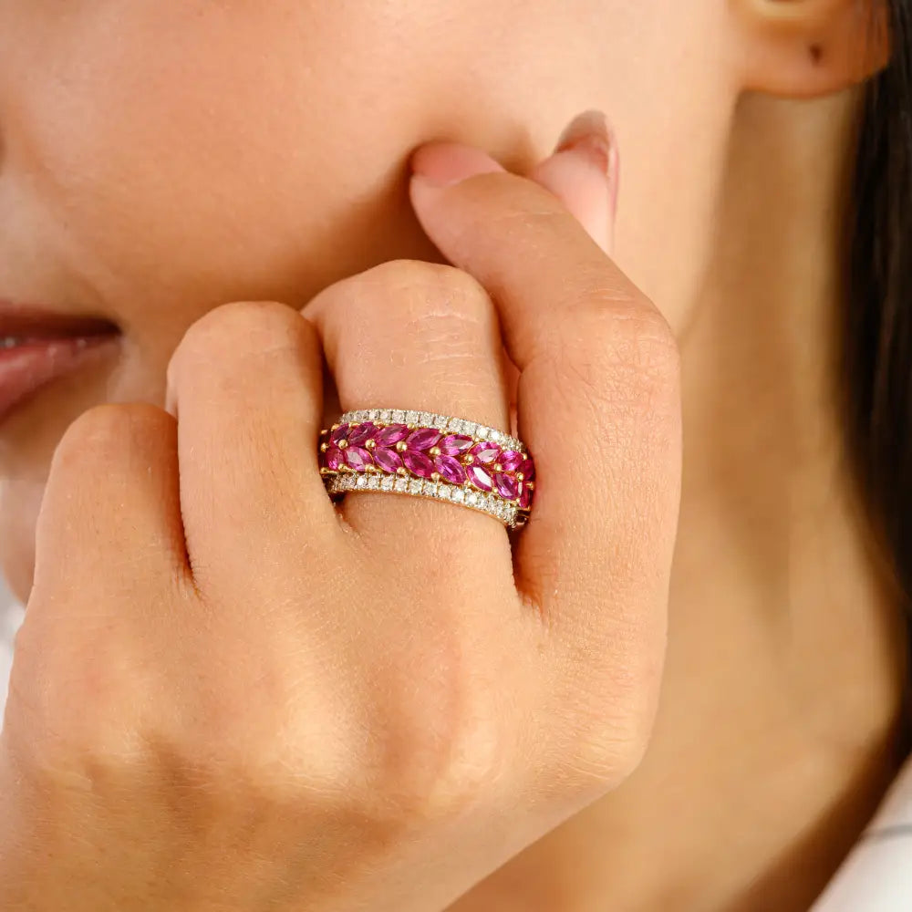100% Authentic Ruby & Diamond Real 14K Yellow Gold Wedding Band Ring Women Jewelry