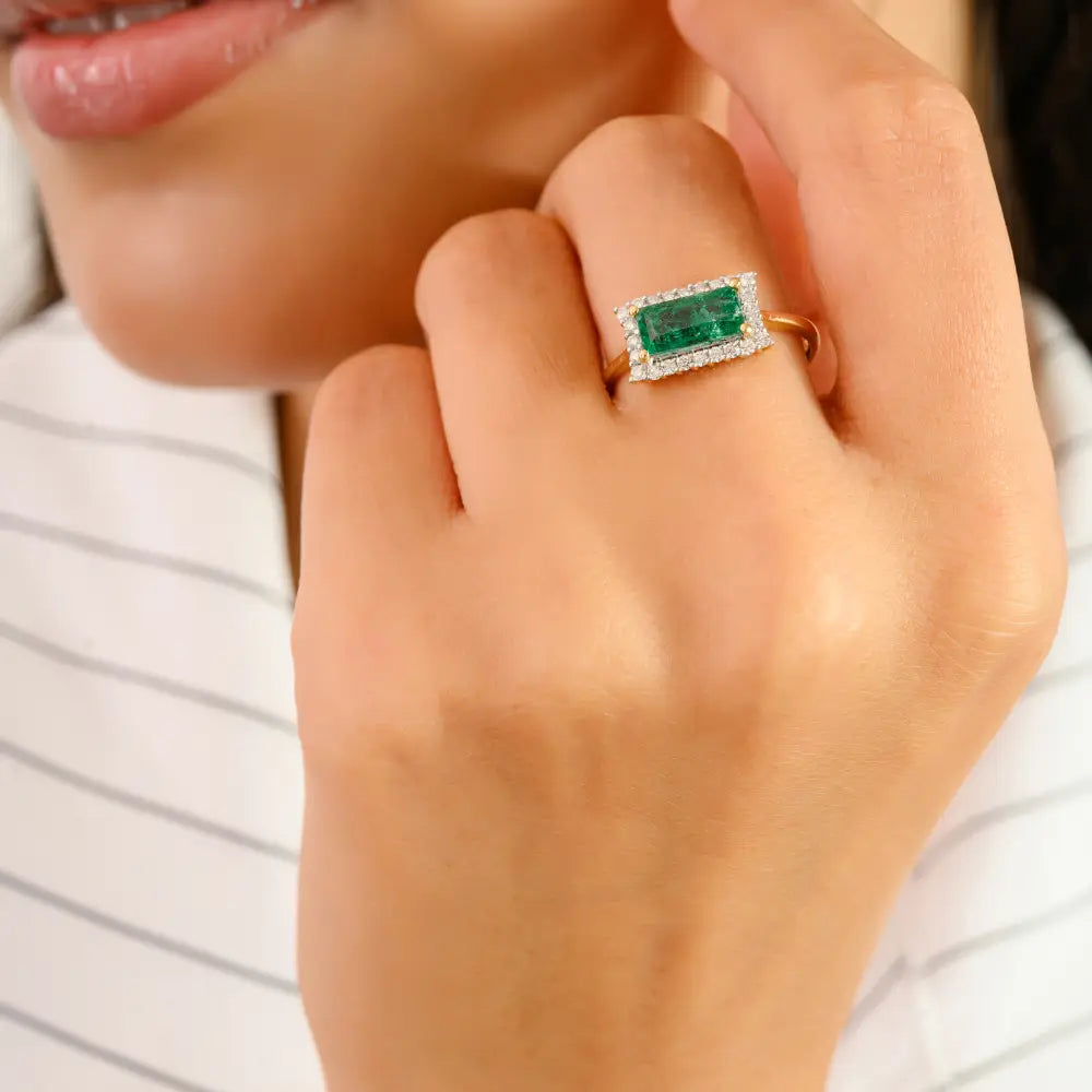 Horizontal Emerald & Diamond Halo Engagement Ring Solid K14 Yellow Gold Women Jewelry
