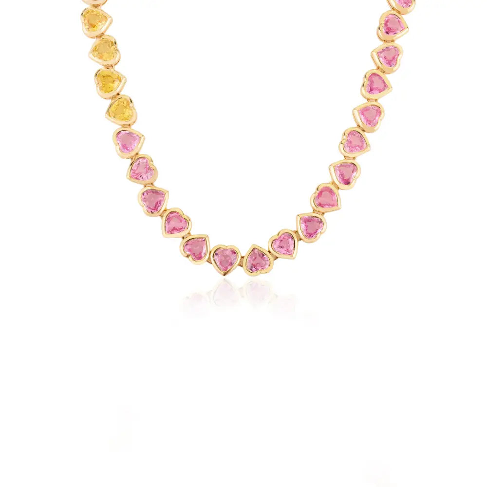 Rainbow Heart Shape Multi Sapphire Bezel Set 14K Solid Gold Tennis Necklace For Women