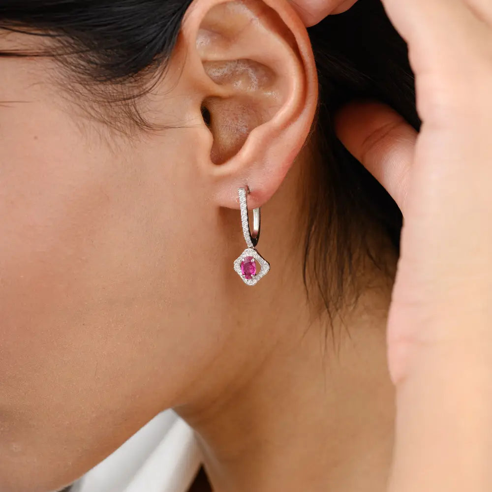 Women's 18K White Gold Ruby & Diamond Drop Earrings Fine Designer Wedding & Gift Products