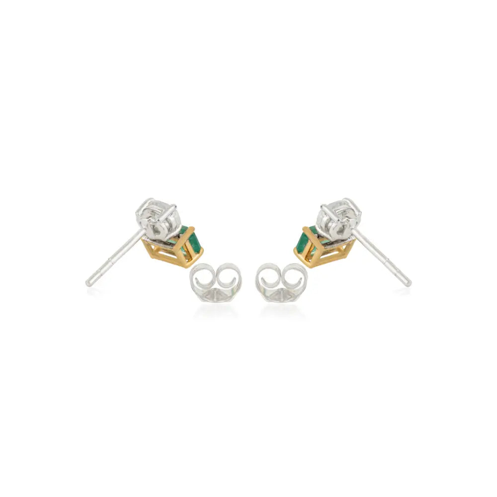 Prong Set Emerald & Diamond Minimal Stud Earrings Handmade 18K Two Tone Gold Jewelry