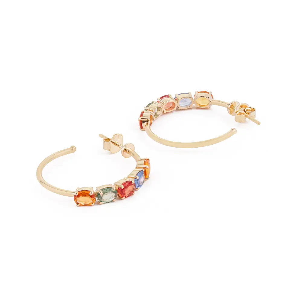 5x4mm Oval Cut Multi Sapphire C Shape Hoop Earrings Real 14K Yellow Gold Fine Jewelry