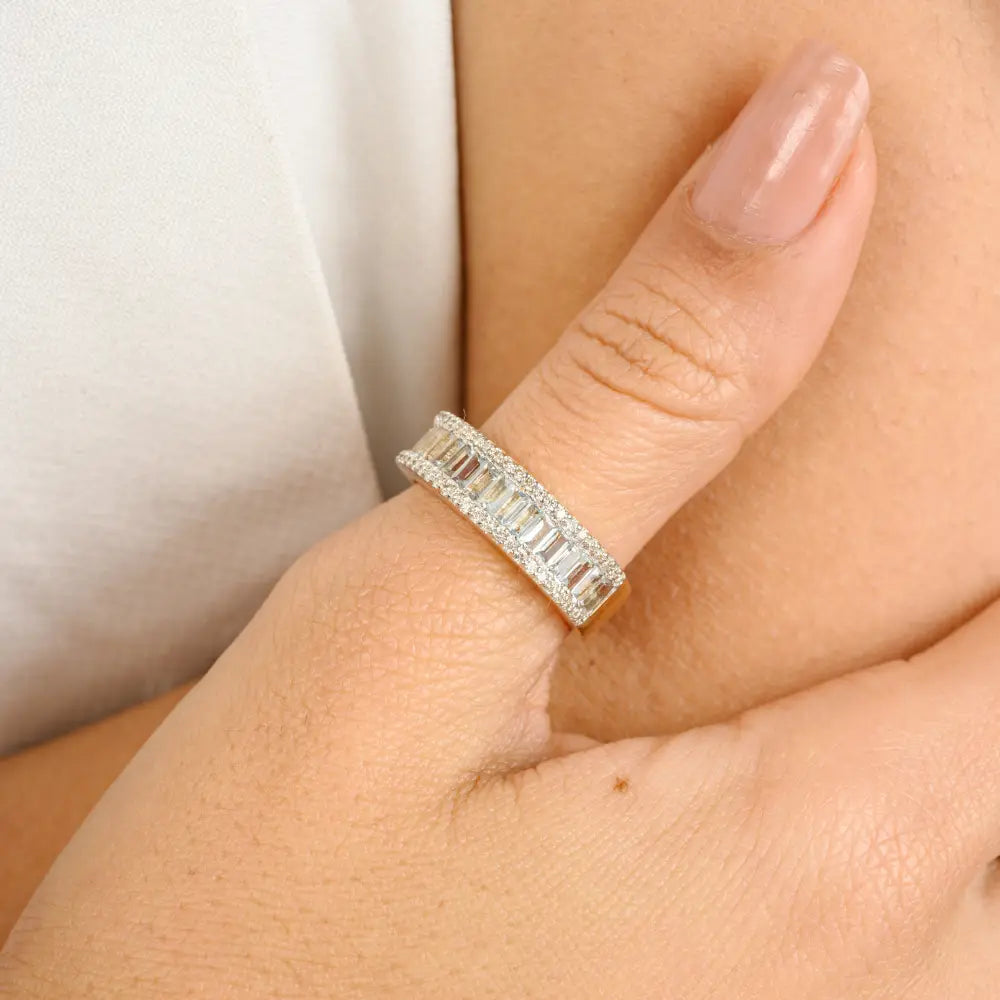 Baguette Cut Blue Topaz & Diamond Statement Wedding Band Ring 14K Solid Yellow Gold Jewelry