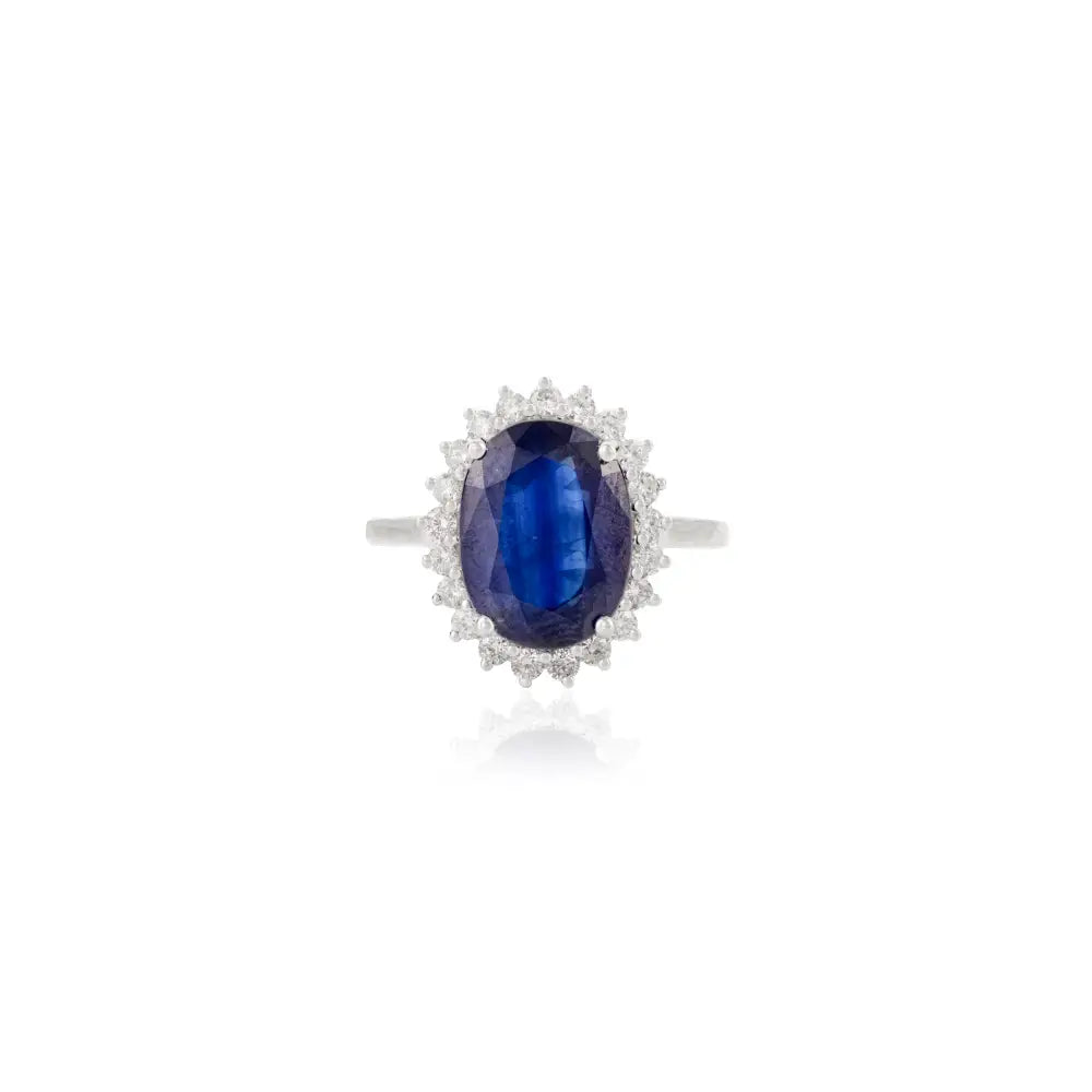 Fine 14K White Gold Natural Blue Sapphire & Diamond Princess Diana Cluster Ring For Wedding