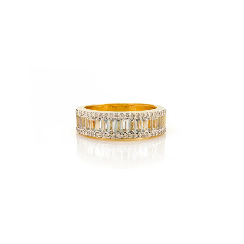 Baguette Cut Blue Topaz & Diamond Statement Wedding Band Ring 14K Solid Yellow Gold Jewelry