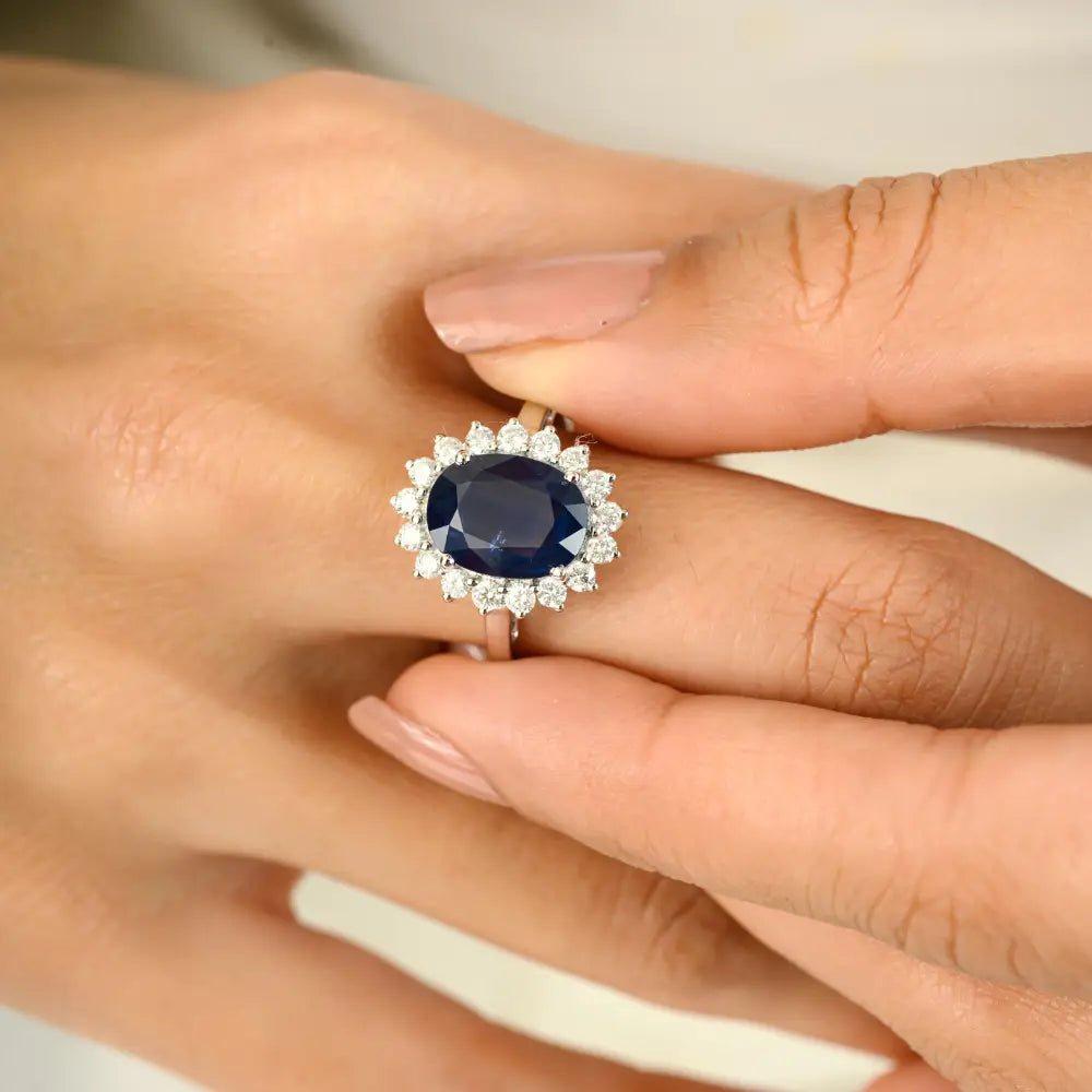 Fine 14K White Gold Natural Blue Sapphire & Diamond Princess Diana Cluster Ring For Wedding