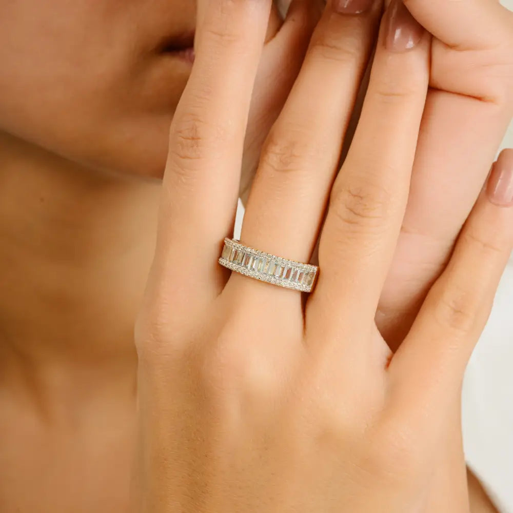 Baguette Cut Blue Topaz & Diamond Statement Wedding Band Ring 14K Solid Yellow Gold Jewelry