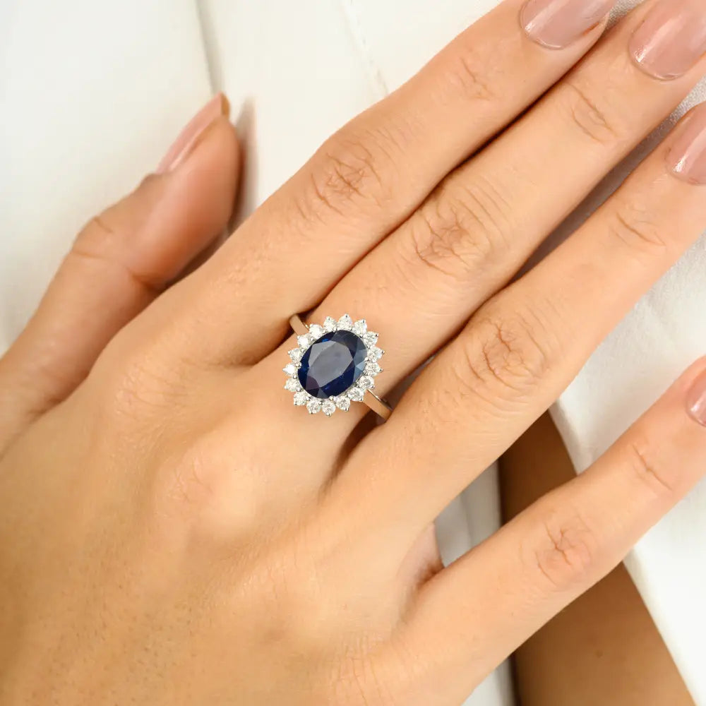 Fine 14K White Gold Natural Blue Sapphire & Diamond Princess Diana Cluster Ring For Wedding