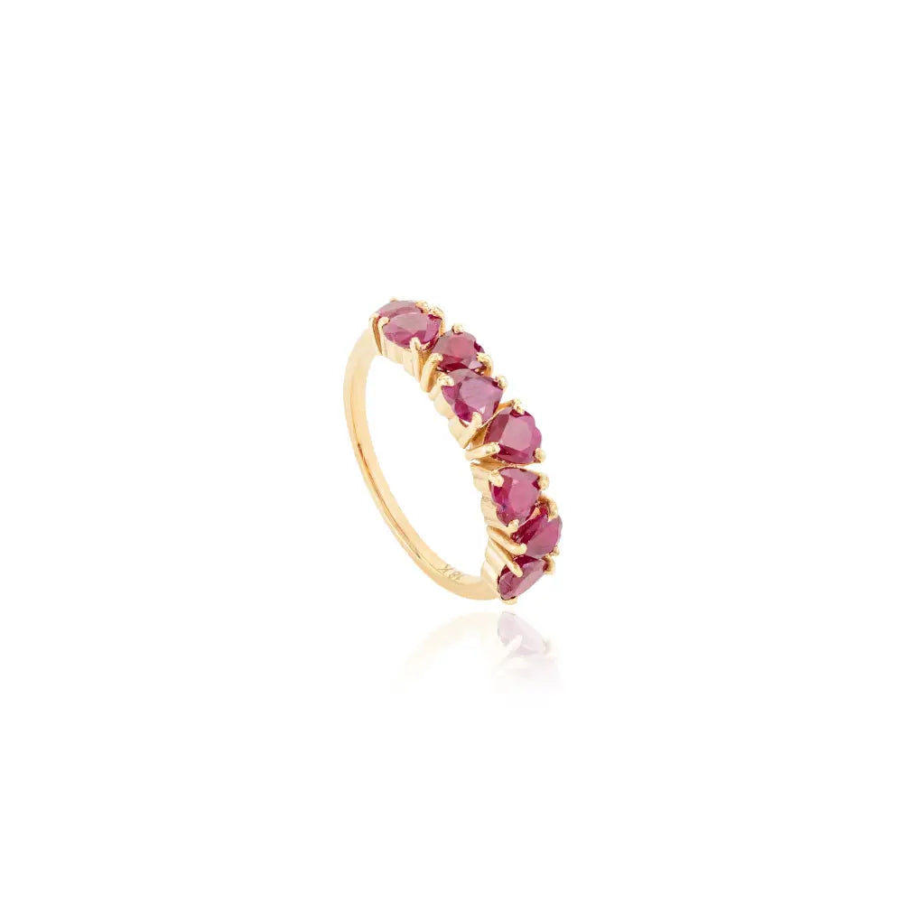 Heart Shape Ruby 18K Real Yellow Gold Half Eternity Band Ring For Women Precious Jewelry