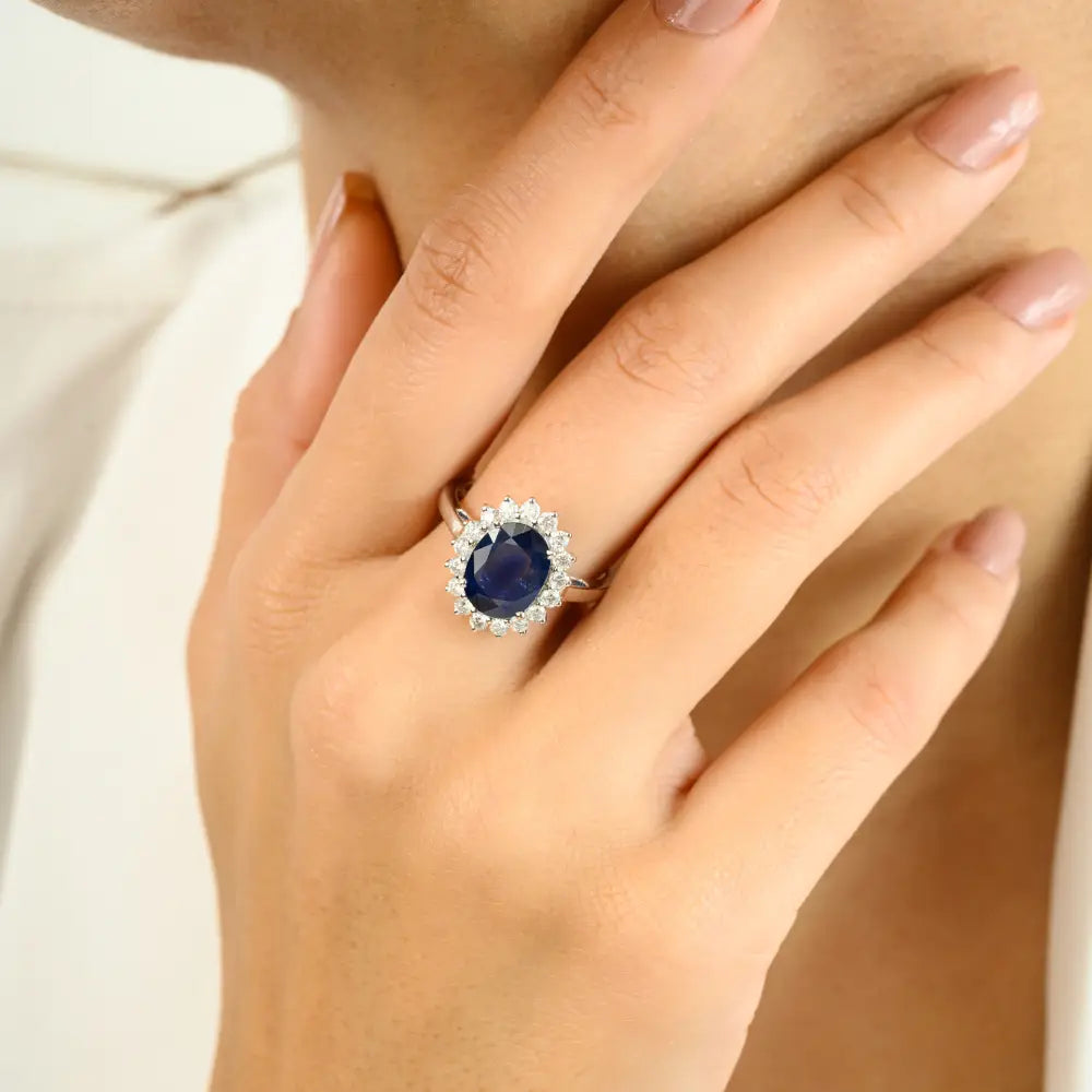 Fine 14K White Gold Natural Blue Sapphire & Diamond Princess Diana Cluster Ring For Wedding