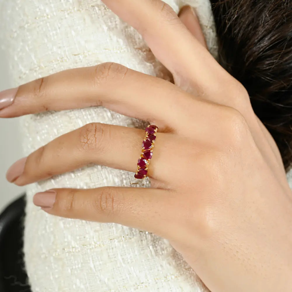 Heart Shape Ruby 18K Real Yellow Gold Half Eternity Band Ring For Women Precious Jewelry