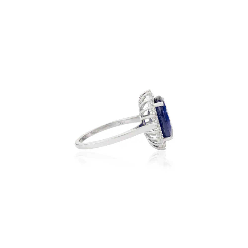 Prong Set Oval Cut Blue Sapphire & Diamond K14 Solid Gold Princess Diana Cluster Ring