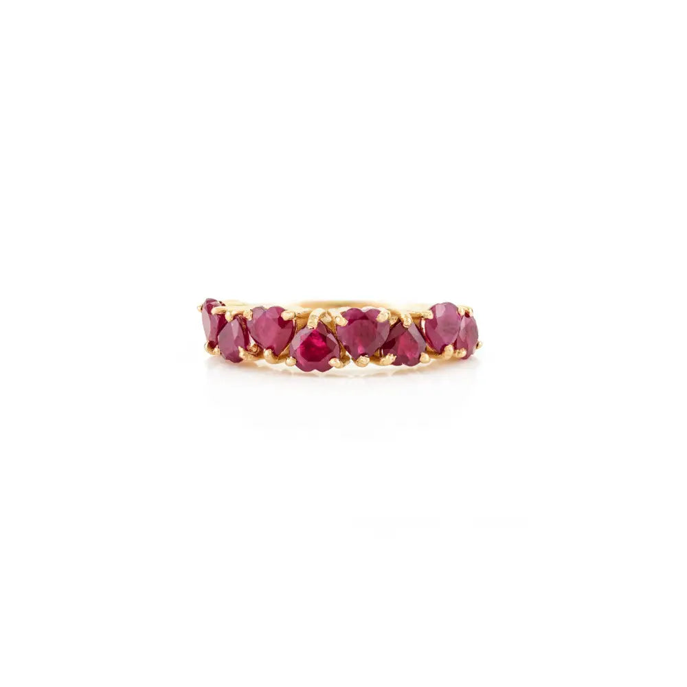 Heart Shape Ruby 18K Real Yellow Gold Half Eternity Band Ring For Women Precious Jewelry