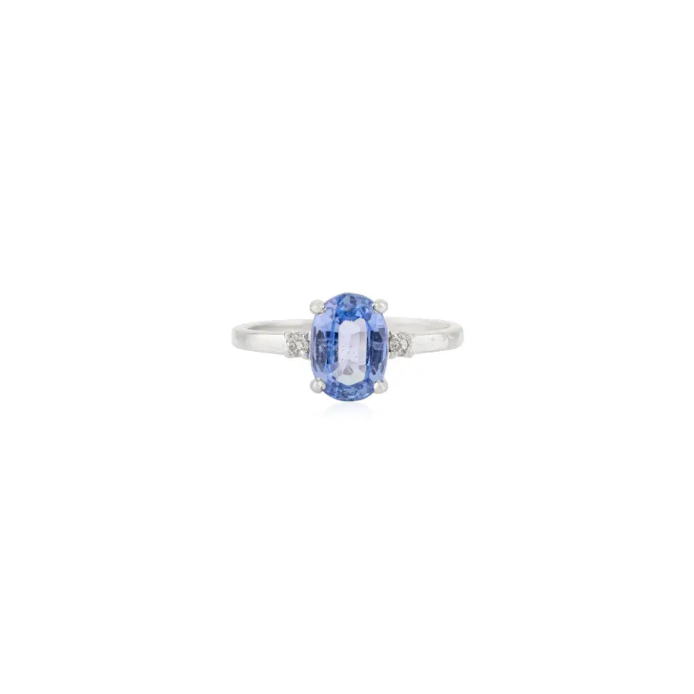 Trendy Oval Blue Sapphire & Round Diamond 14K White Gold Three Stone Ring Gift For Her