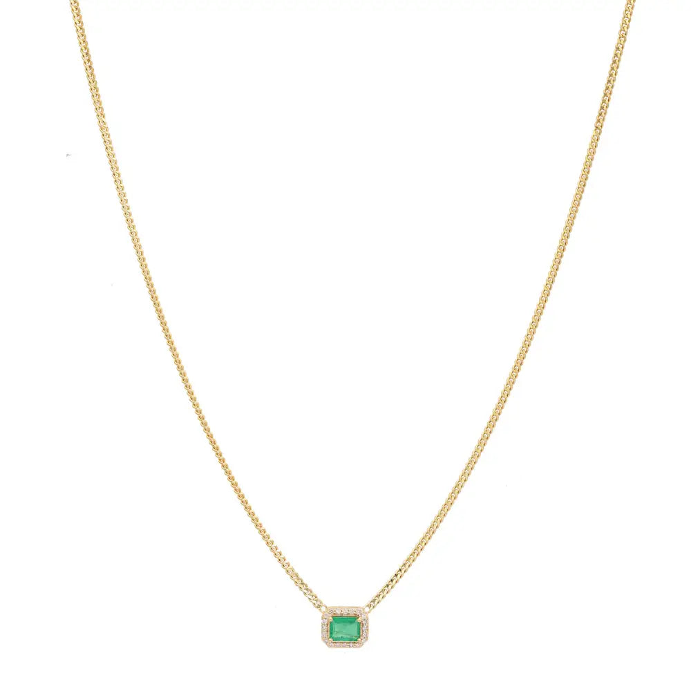 Emerald & Diamond Cuban Chain Single Stone Halo Pendant Necklace 14K Gold Stack Jewelry