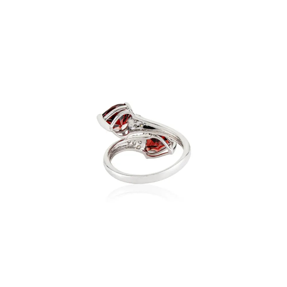 Heart Shape Garnet & Round Cut Diamond Statement Bypass Ring Solid 14K White Gold Jewelry