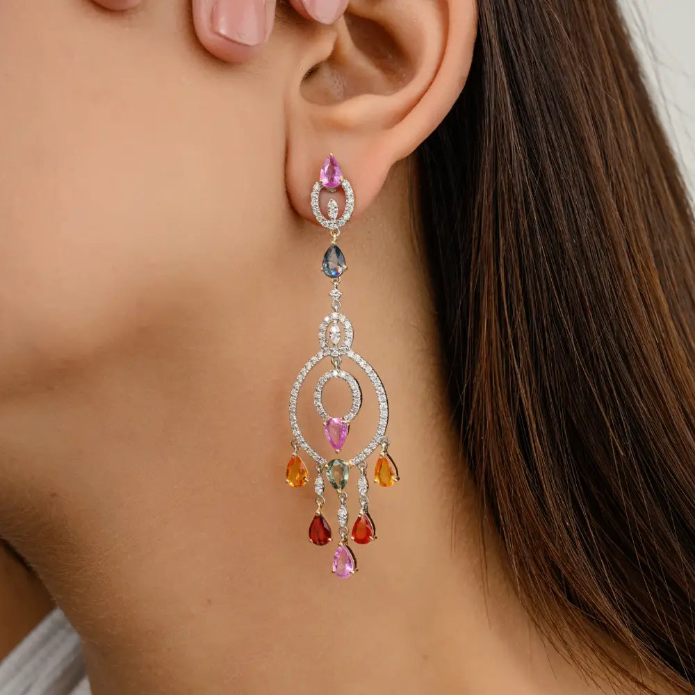 Multi Sapphire & Diamond Chandelier Earrings Prong Setting Wholesale Jewelry Supplier