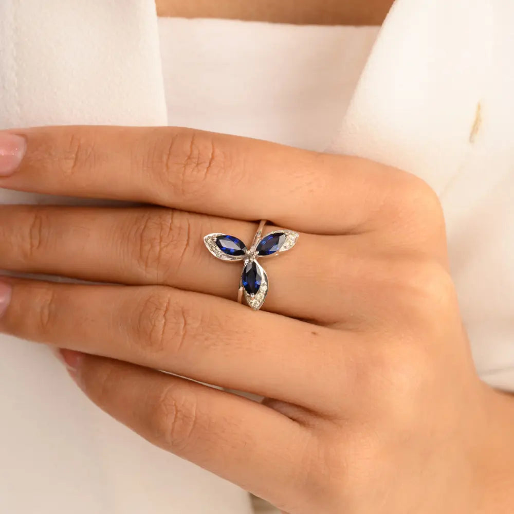Best Quality Product Natural Blue Sapphire & Diamond 14K White Gold Ring