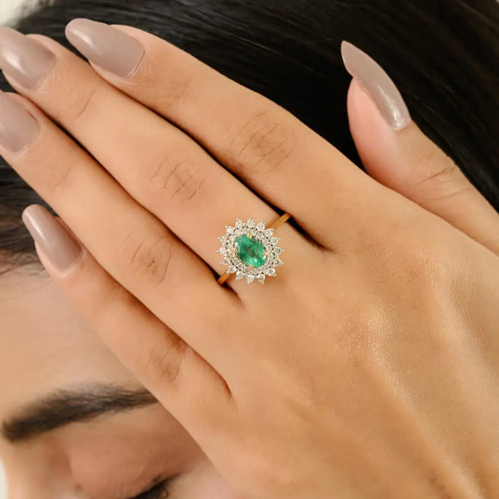 Best Selling Emerald & Diamond Double Cluster Ring Real 18K Yellow Gold Engagement Jewelry