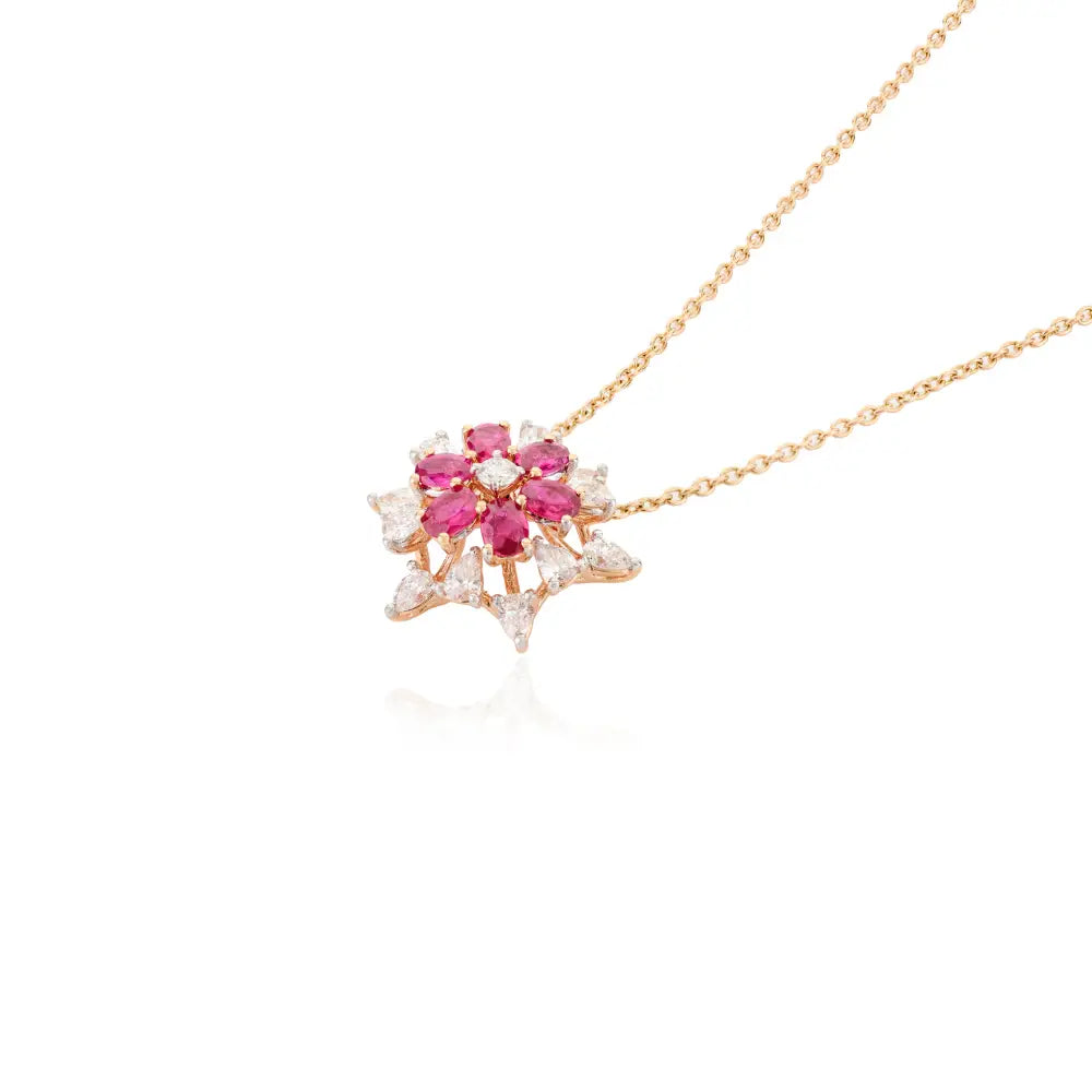 K18 Rose Gold Natural Ruby & Diamond Flower Shape Pendant Chain Necklace For Women