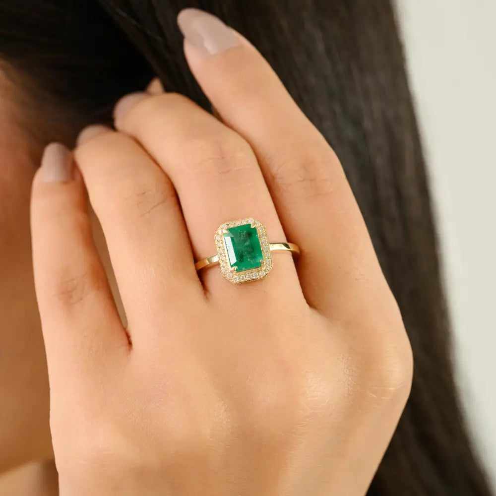 Engagement Jewelry Wholesale 14K Yellow Gold Octagon Cut Emerald & Diamond Halo Ring