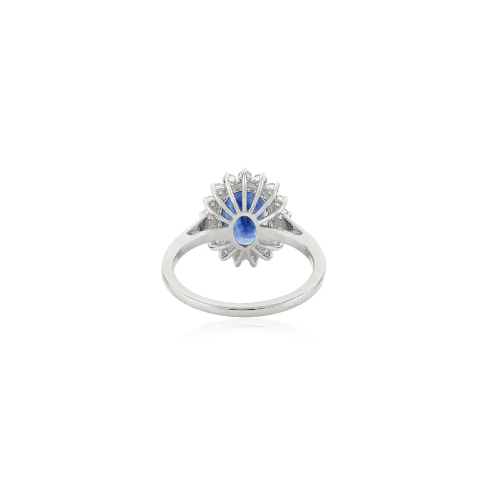 Prong Set Oval Cut Blue Sapphire & Diamond K14 Solid Gold Princess Diana Cluster Ring