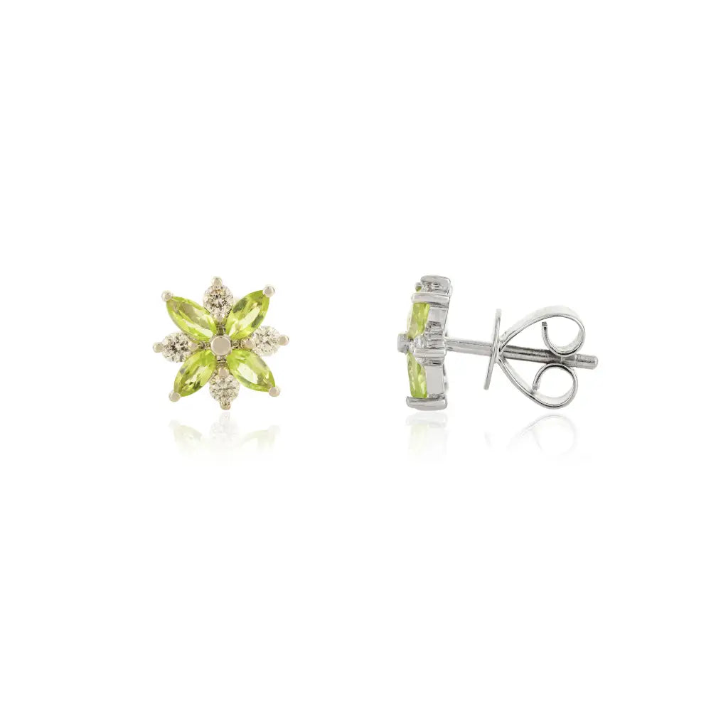 Peridot & Diamond Flower Shape Stud Earrings Real 14K White Gold Fine New Jewelry