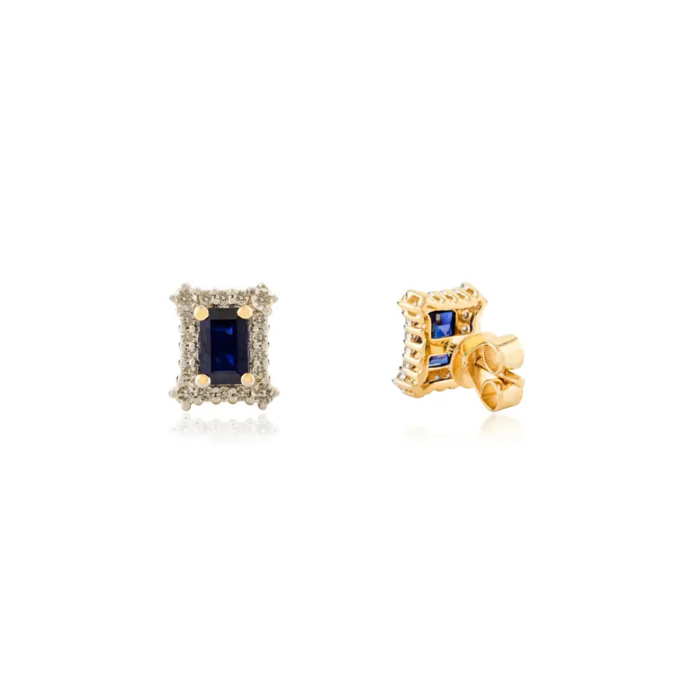 Blue Sapphire & Diamond Push Back 14K Yellow Gold Halo Stud Earrings Women Gift Jewelry