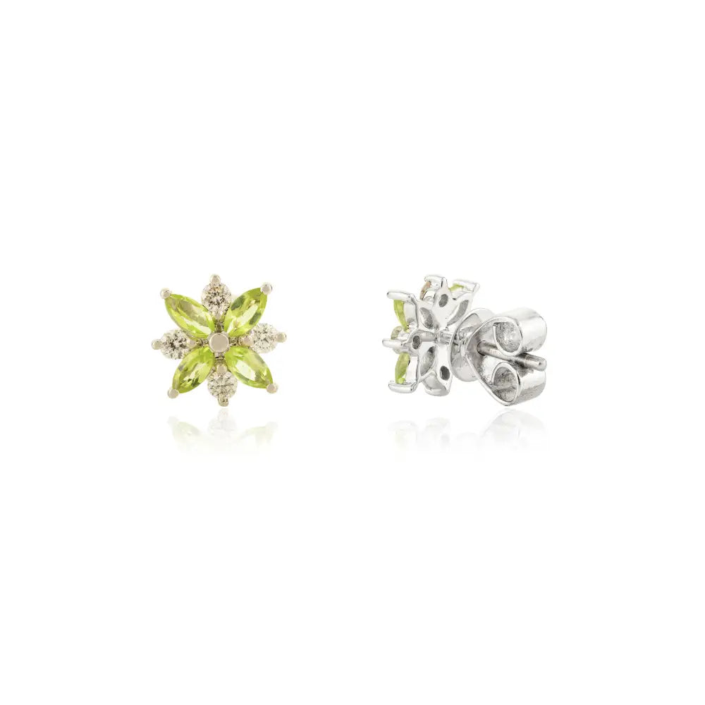Peridot & Diamond Flower Shape Stud Earrings Real 14K White Gold Fine New Jewelry