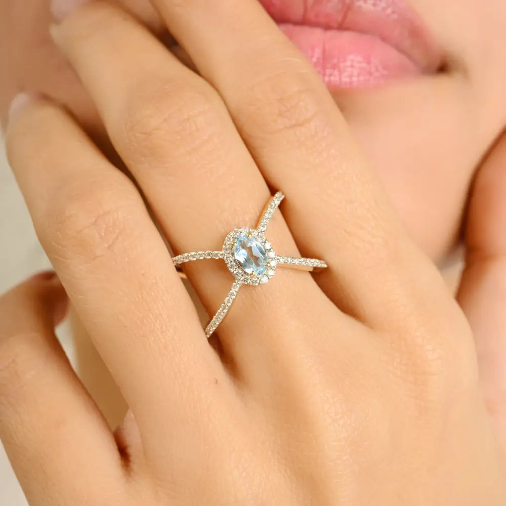 X Shaped Blue Topaz & Diamond 14K Real Gold Criss-Cross Ring Wedding Birthstone Jewelry