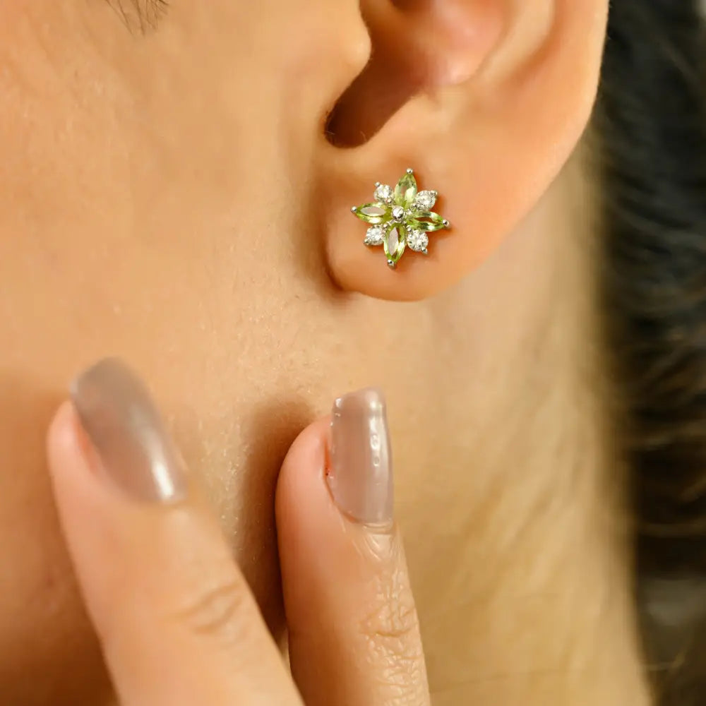 Peridot & Diamond Flower Shape Stud Earrings Real 14K White Gold Fine New Jewelry