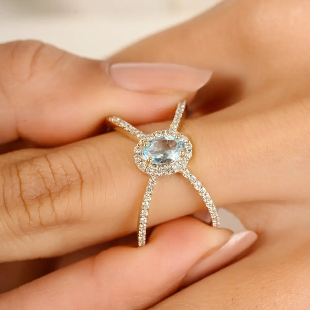 X Shaped Blue Topaz & Diamond 14K Real Gold Criss-Cross Ring Wedding Birthstone Jewelry