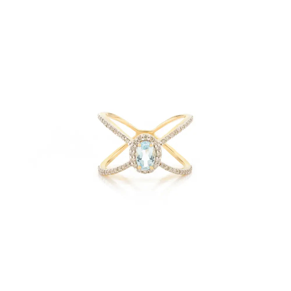 X Shaped Blue Topaz & Diamond 14K Real Gold Criss-Cross Ring Wedding Birthstone Jewelry