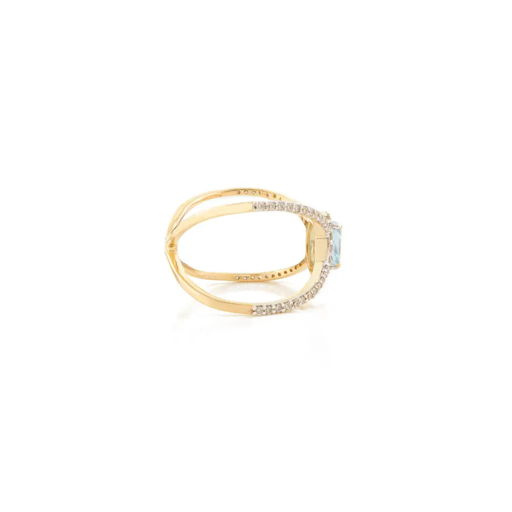 X Shaped Blue Topaz & Diamond 14K Real Gold Criss-Cross Ring Wedding Birthstone Jewelry