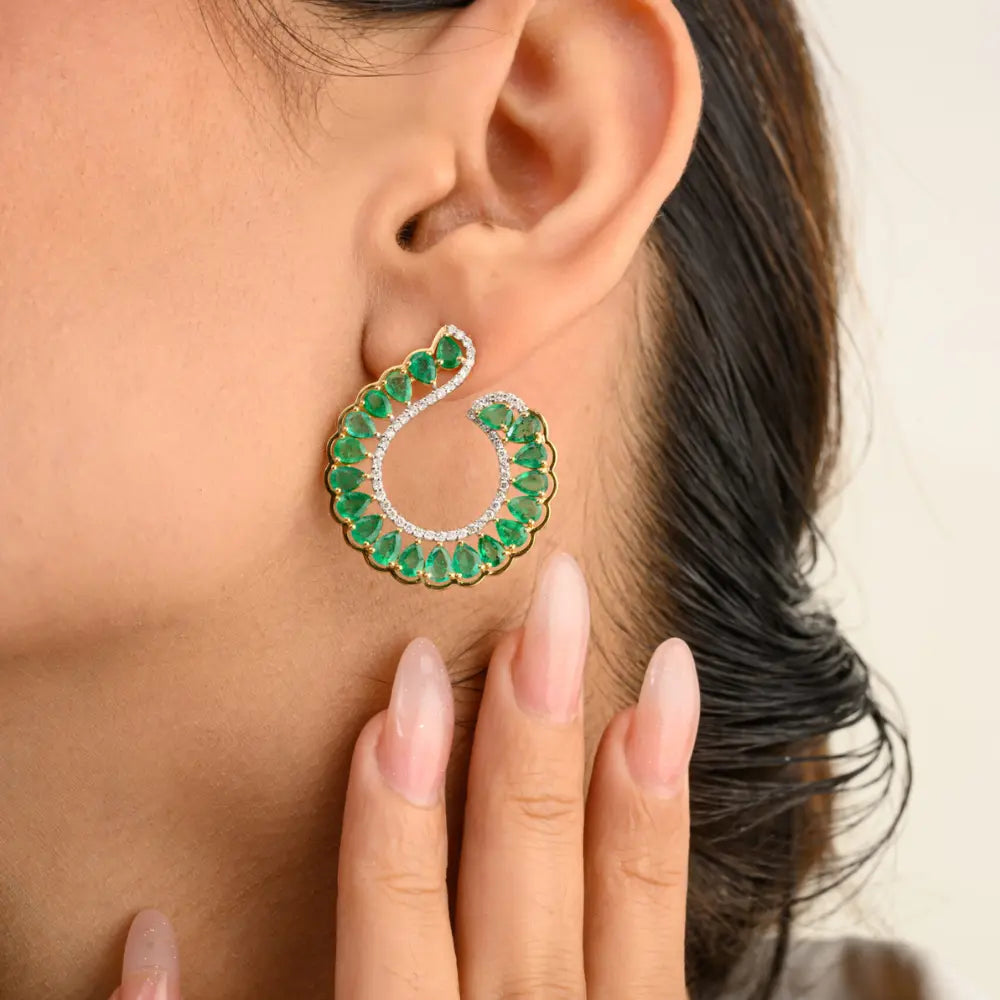 100% Natural Pear Shape Emerald & Round Diamond Solid 14K Yellow Gold Earrings