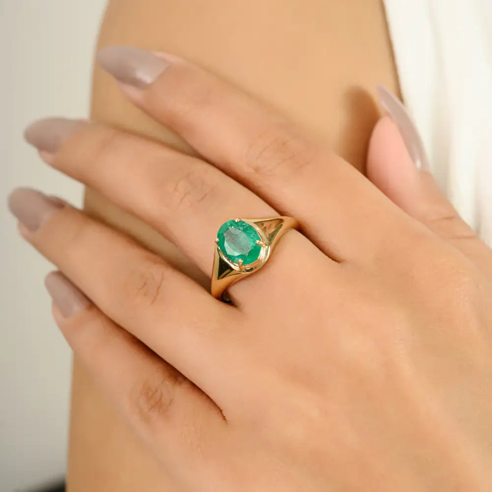 Oval Cut Emerald Prong Setting 14K Yellow Gold Chunky Signet Ring Trending Jewelry Supplier