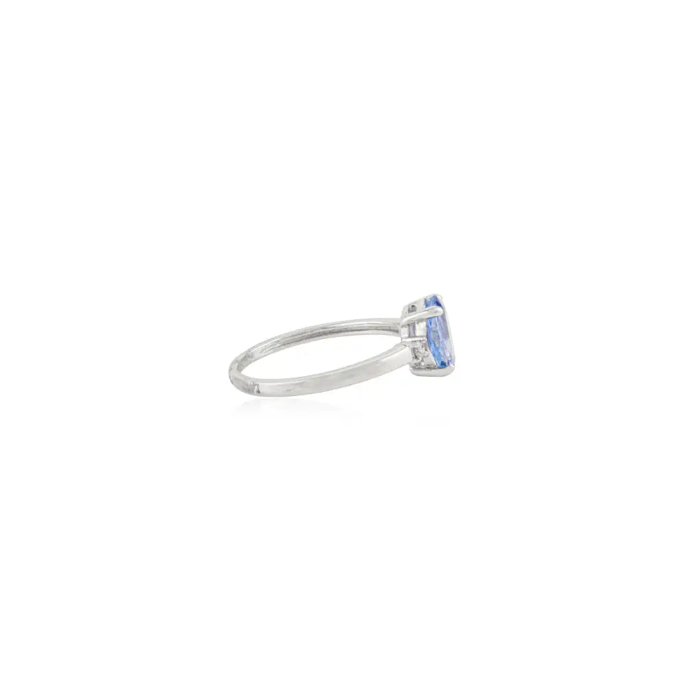 Trendy Oval Blue Sapphire & Round Diamond 14K White Gold Three Stone Ring Gift For Her