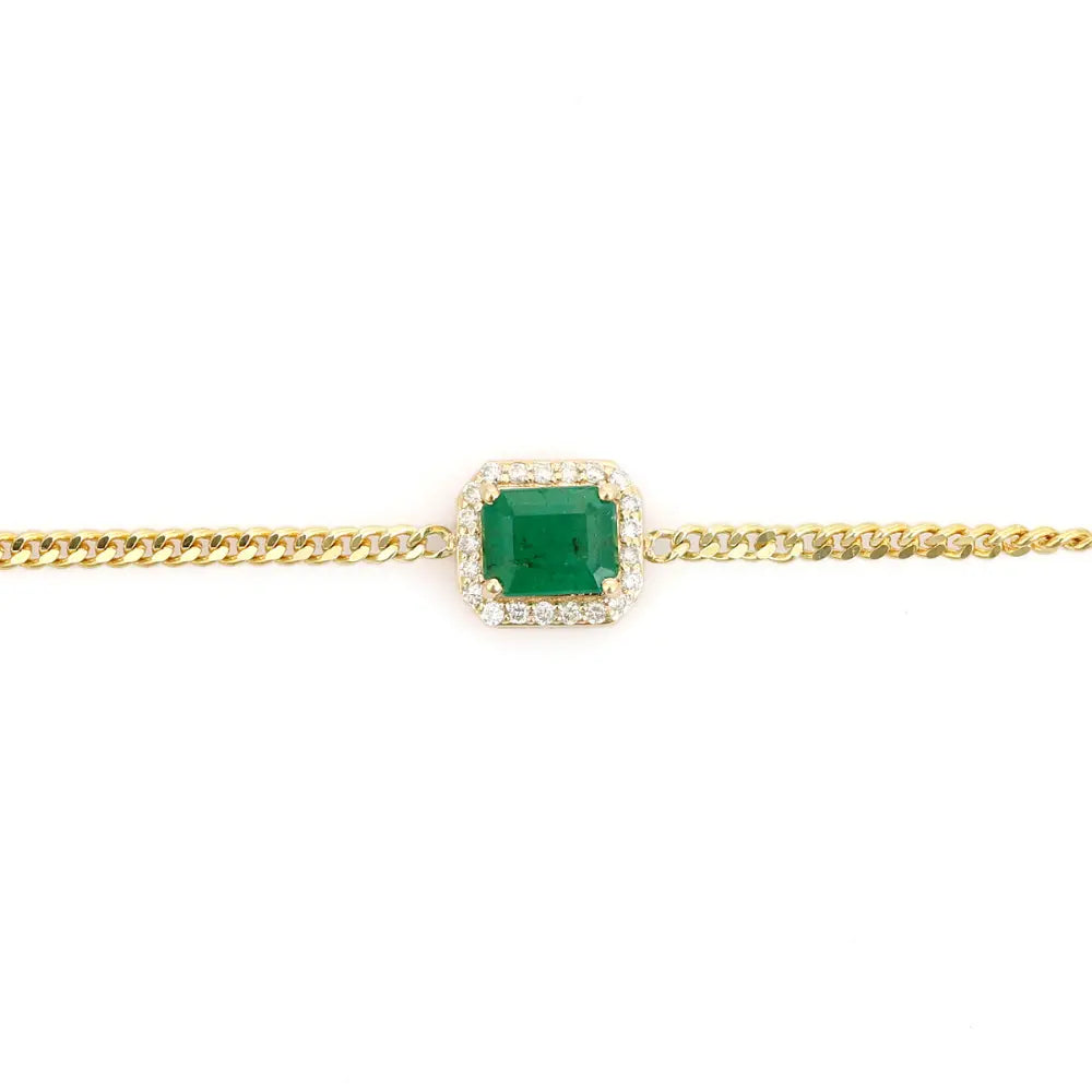 Miami Cuban Link Chain Solitaire Emerald & Diamond Halo Bracelet Solid K14 Yellow Gold