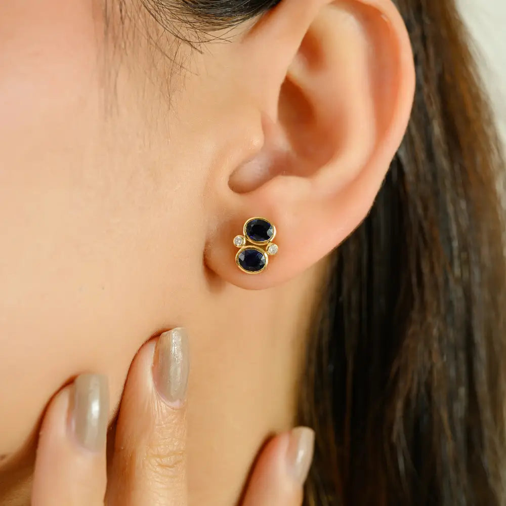 Bezel Set Blue Sapphire & Diamond K18 Yellow Gold Minimal Stud Earrings Custom Jewelry