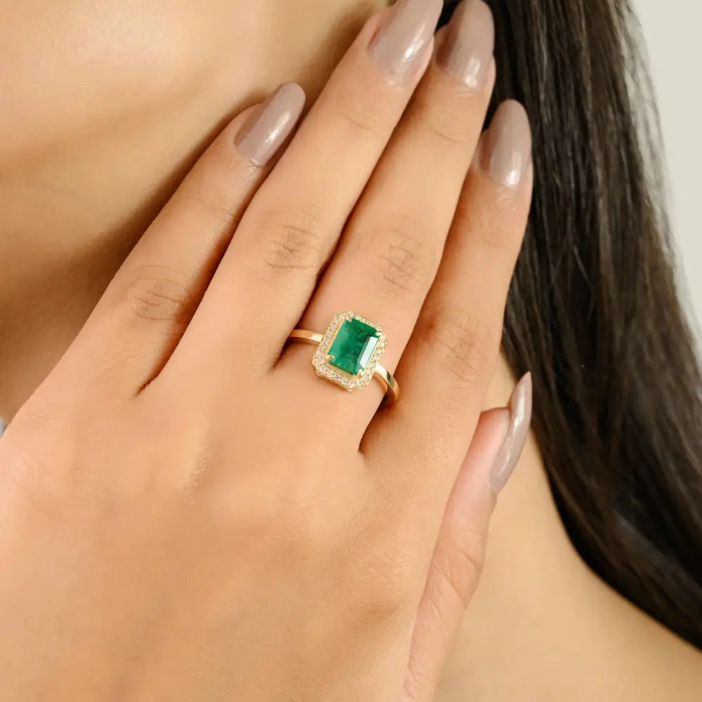 Engagement Jewelry Wholesale 14K Yellow Gold Octagon Cut Emerald & Diamond Halo Ring