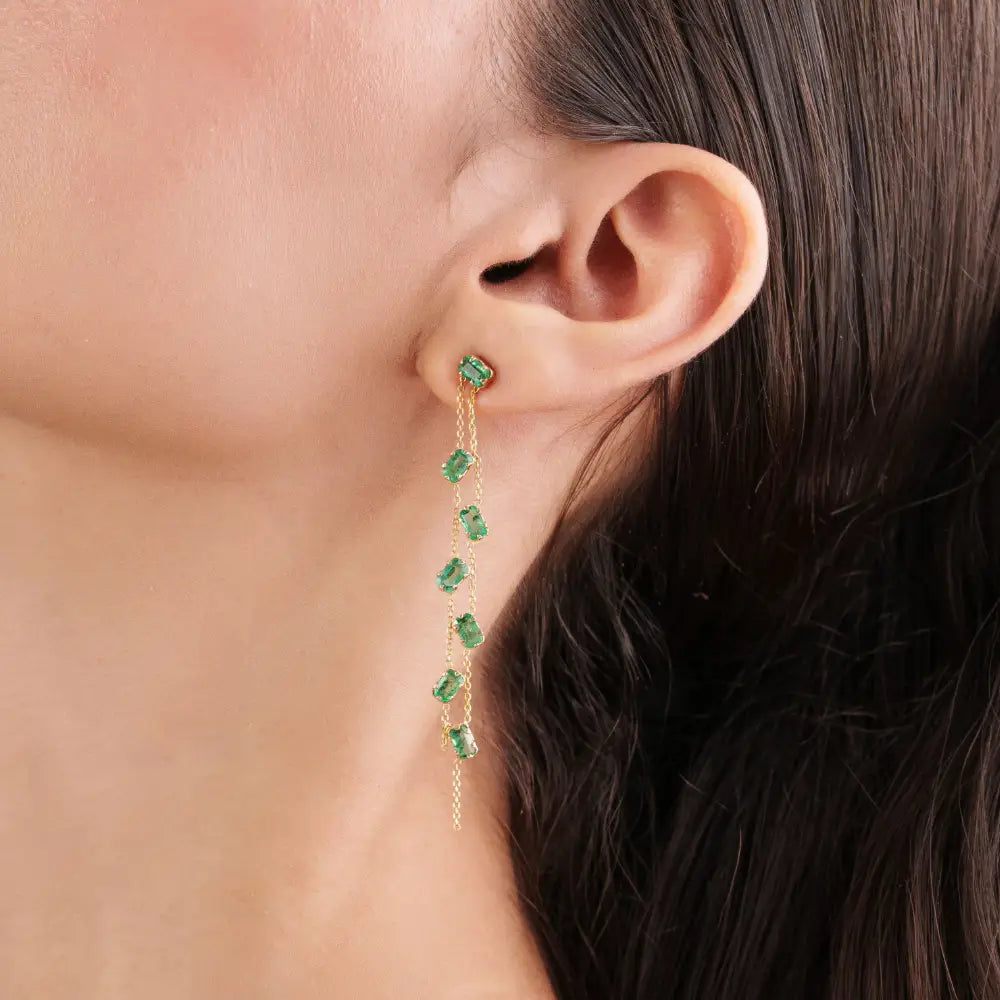 Pinion Bezel Set Emerald 14K Real Yellow Gold Double Link Chain Long Dangle Earrings