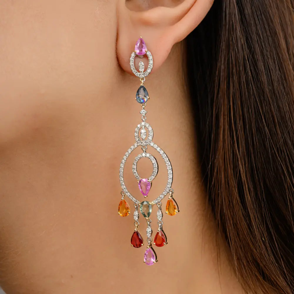 Multi Sapphire & Diamond Chandelier Earrings Prong Setting Wholesale Jewelry Supplier