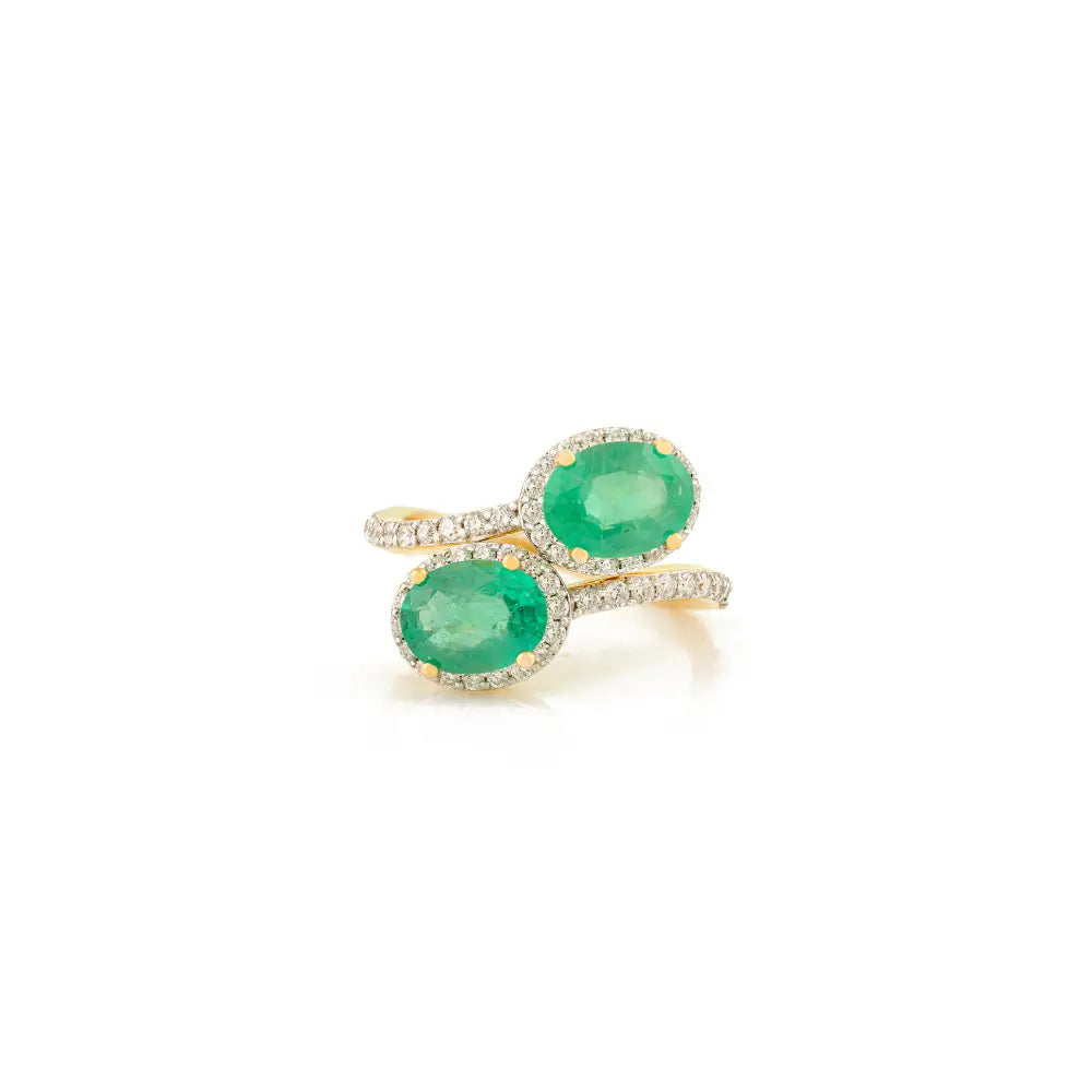 Statement Jewelry Solid 14K Yellow Gold Natural Emerald & Diamond Bypass Ring Unisex