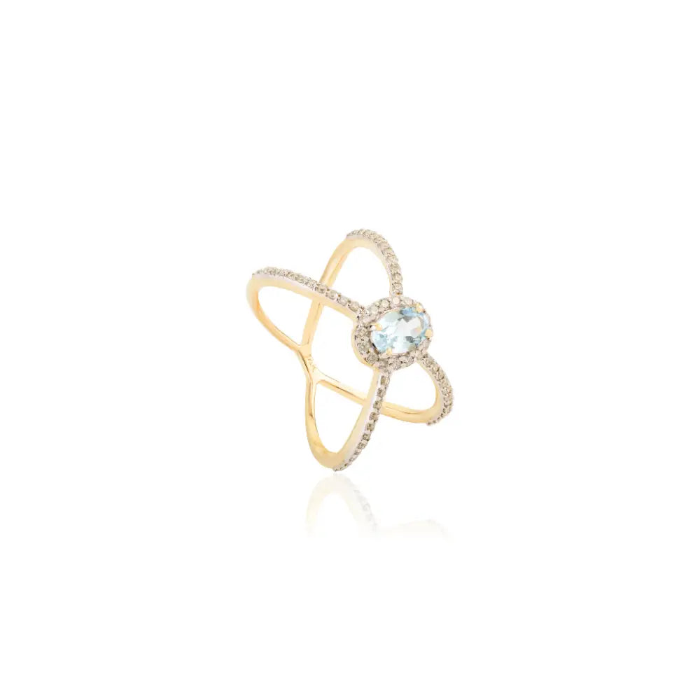 X Shaped Blue Topaz & Diamond 14K Real Gold Criss-Cross Ring Wedding Birthstone Jewelry