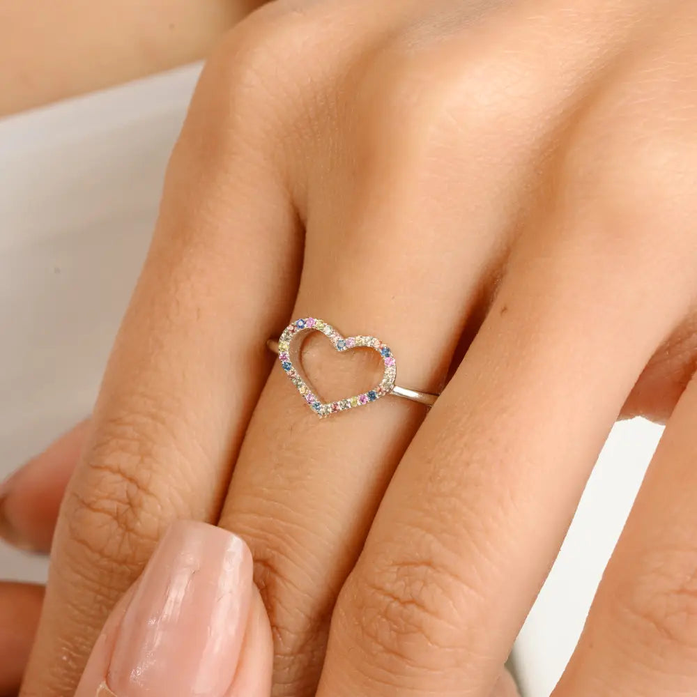 Colorful Gemstone Multi Sapphire Heart Shape Promise Ring Real K14 White Gold Anniversary Gift
