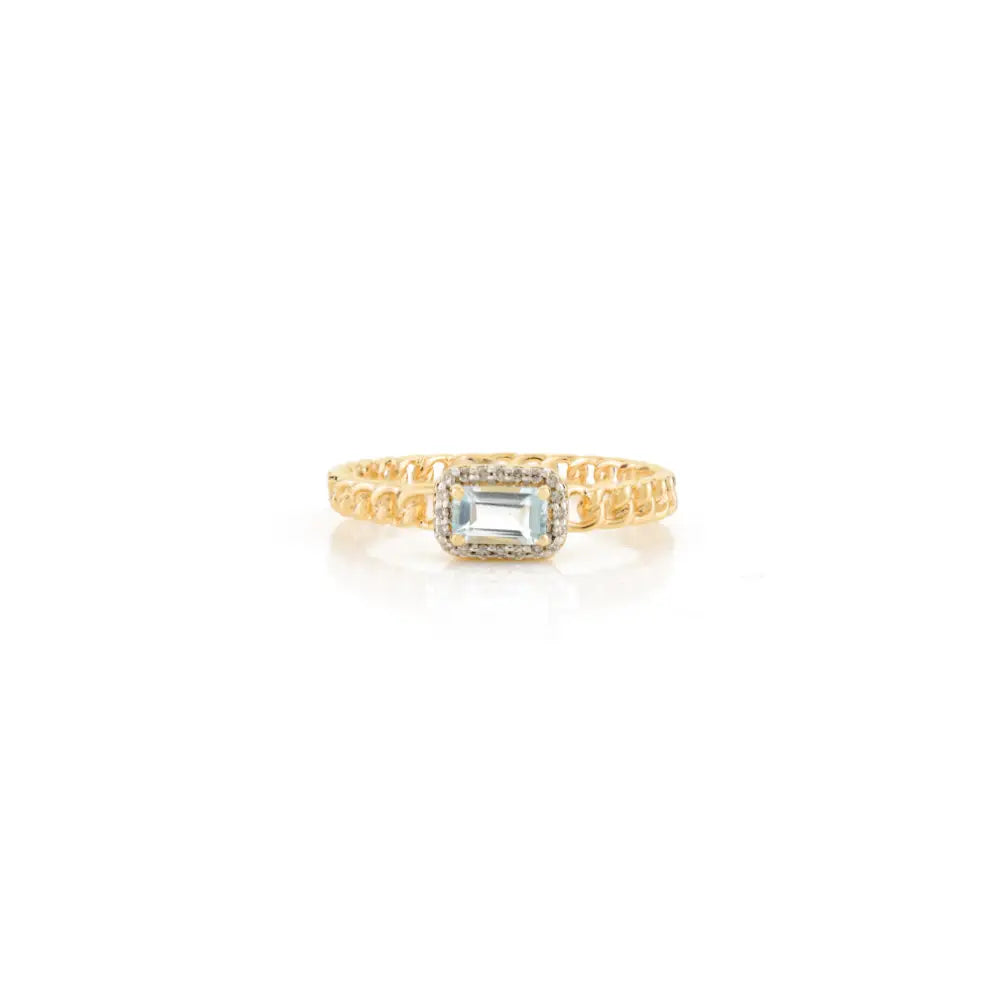 5X3 MM Blue Topaz & Diamond Unique Design Halo Curb Link Chain Ring 14K Yellow Gold