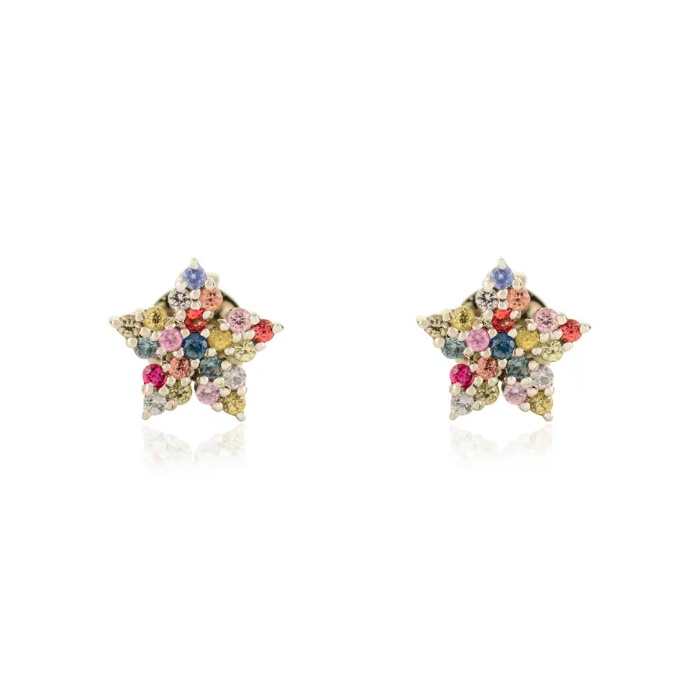 Real 14K White Gold Multi Sapphire Star Shape Stud Earrings Birthstone Jewelry Manufacturer