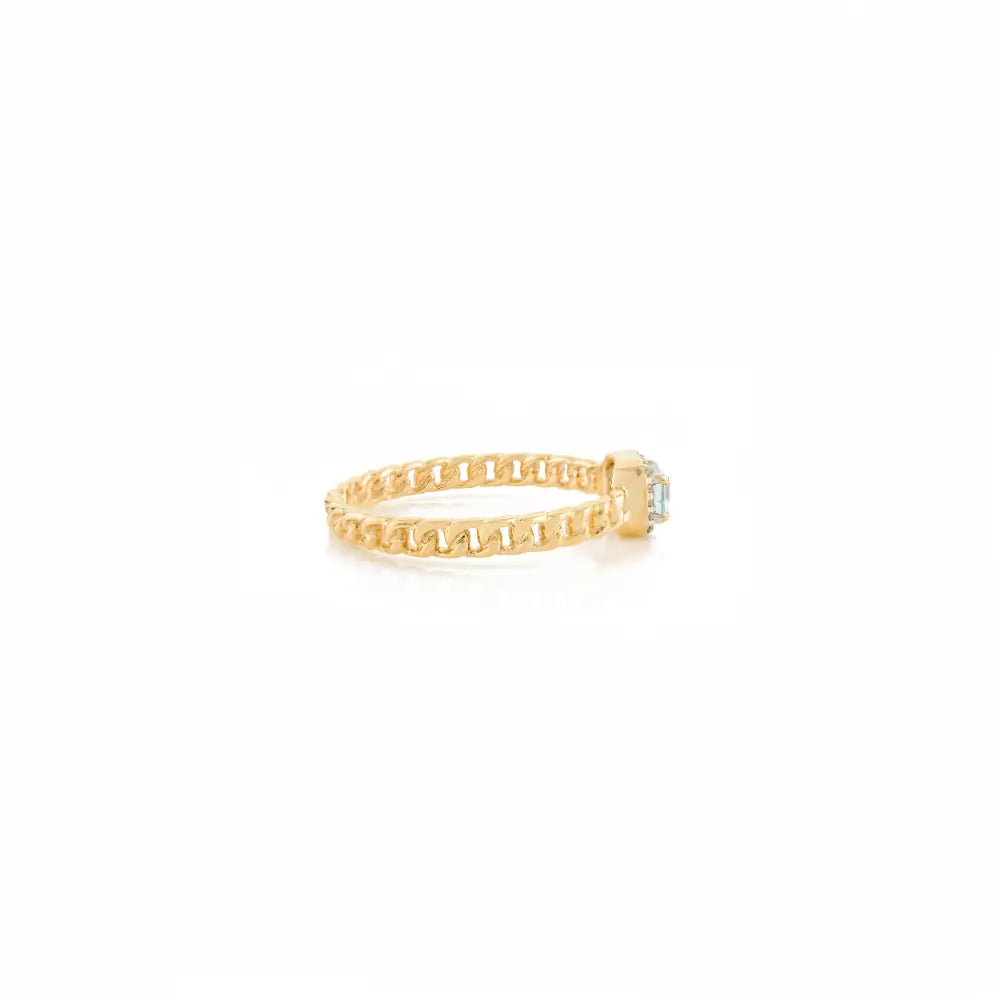5X3 MM Blue Topaz & Diamond Unique Design Halo Curb Link Chain Ring 14K Yellow Gold