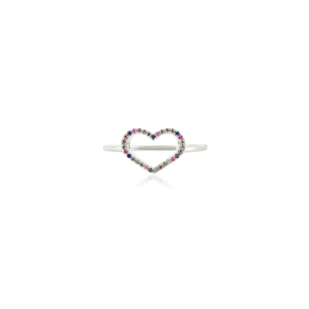 Colorful Gemstone Multi Sapphire Heart Shape Promise Ring Real K14 White Gold Anniversary Gift