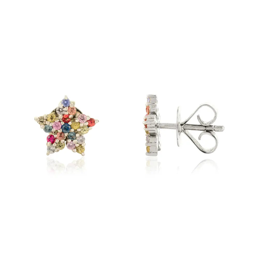 Real 14K White Gold Multi Sapphire Star Shape Stud Earrings Birthstone Jewelry Manufacturer